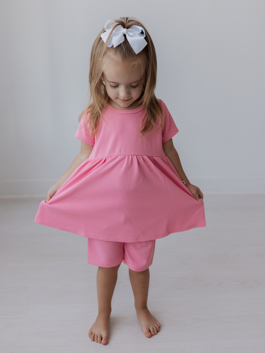 Pink Waffle Short Sleeve Twirl Dress
