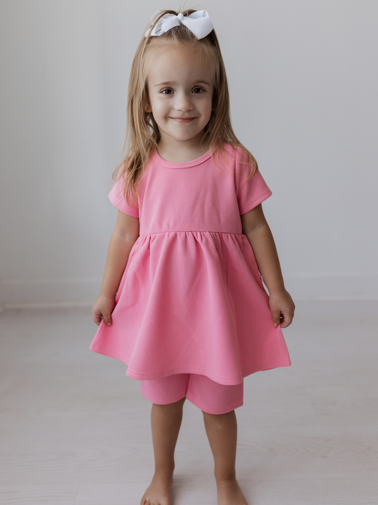 Pink Waffle Short Sleeve Twirl Dress