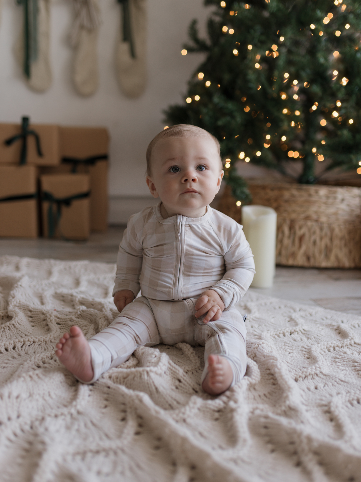 Tan Gingham Zipper Romper