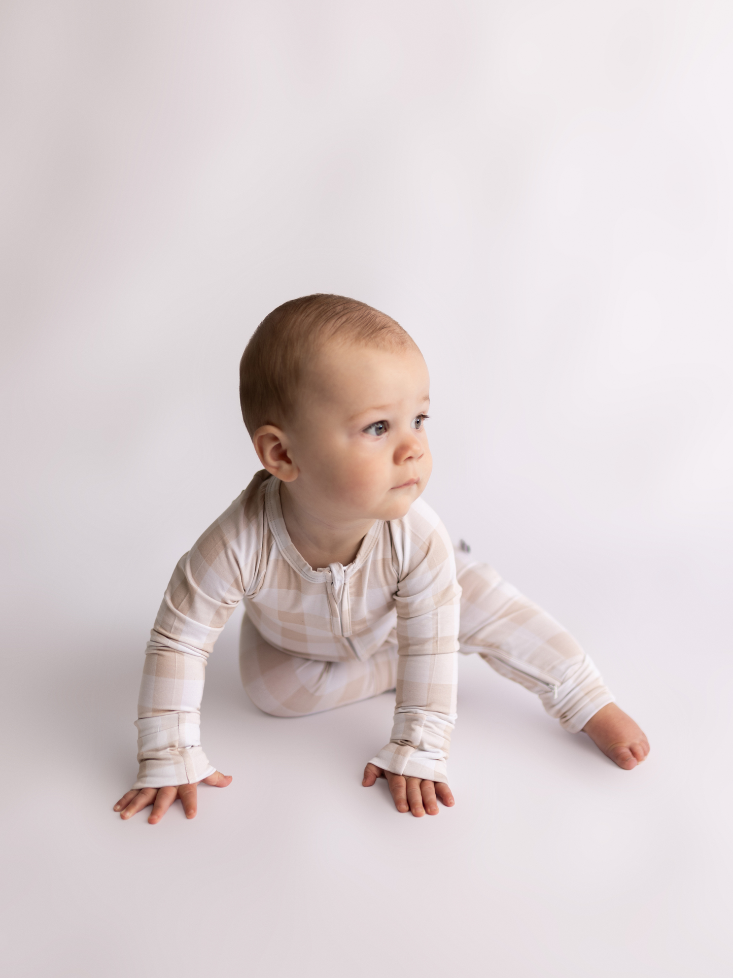 Tan Gingham Zipper Romper