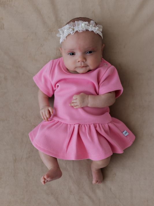Pink Waffle Short Sleeve Twirl Dress with Bodysuit
