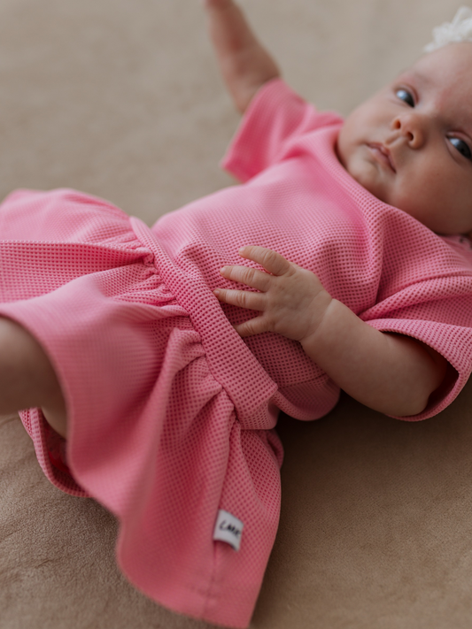 Pink Waffle Short Sleeve Twirl Dress with Bodysuit