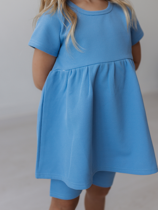 Waffle Blue Short Sleeve Twirl Dress