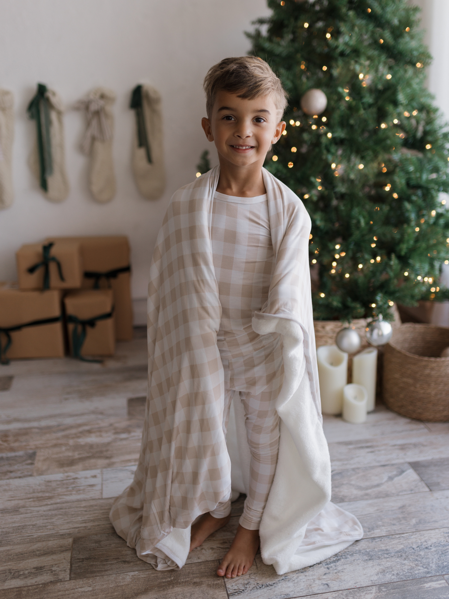 Tan Gingham Plush Blanket