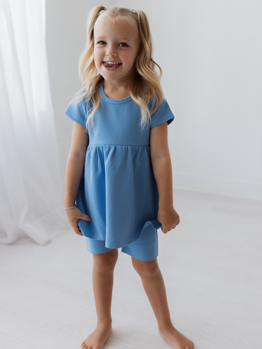 Waffle Blue Short Sleeve Twirl Dress